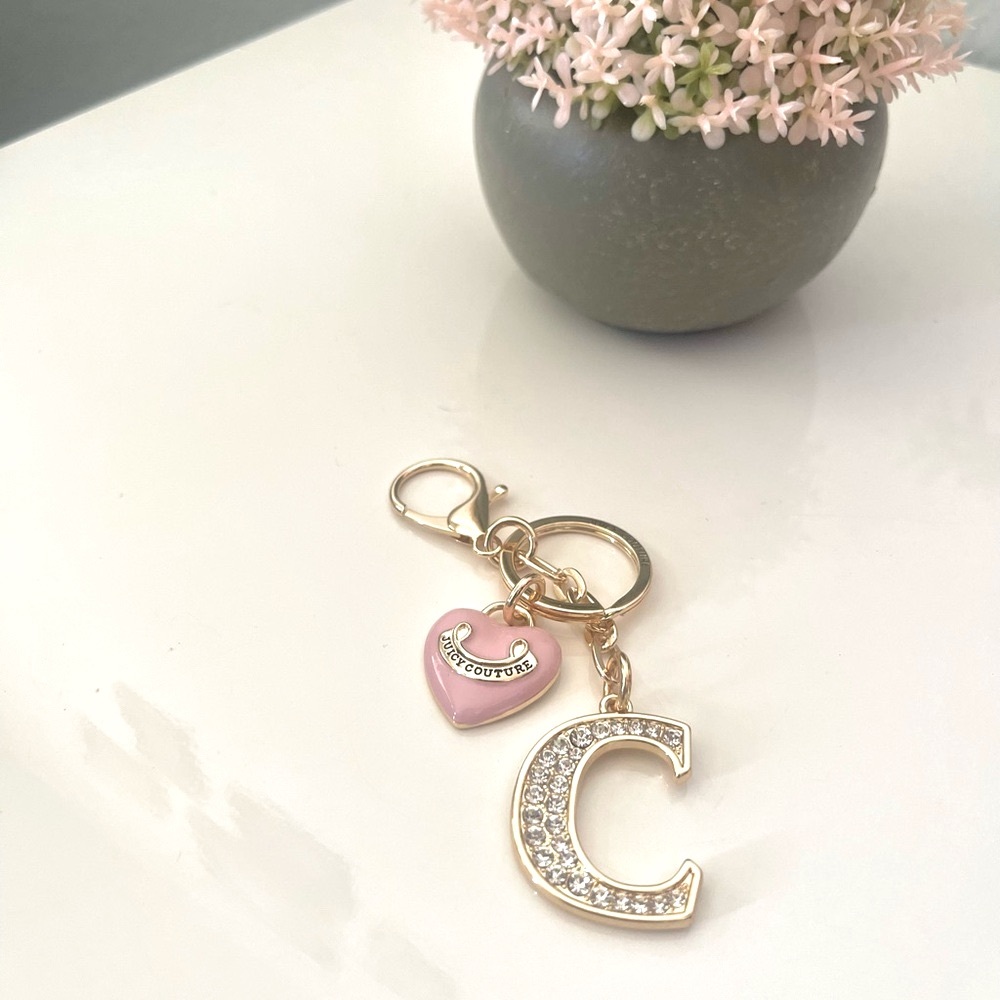Juicy Couture Gold Crystal 'C' Keychain with Pink Heart Charm
